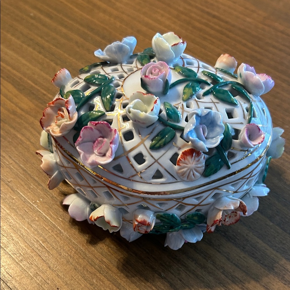 Vintage German made KPM raised floral handmade porcelain trinket box